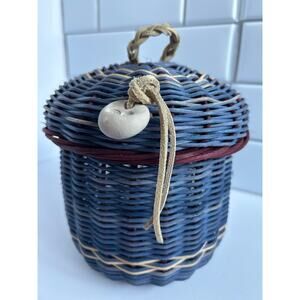 Handwoven Lidded Basket 7” Artisan Weave Clay Tag RK Periwinkle Maroon